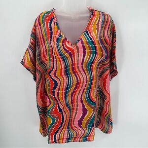 Entro Top Womens XL Colorful Polyester Vneck Flowy Blouse Psychedelic Artsy
